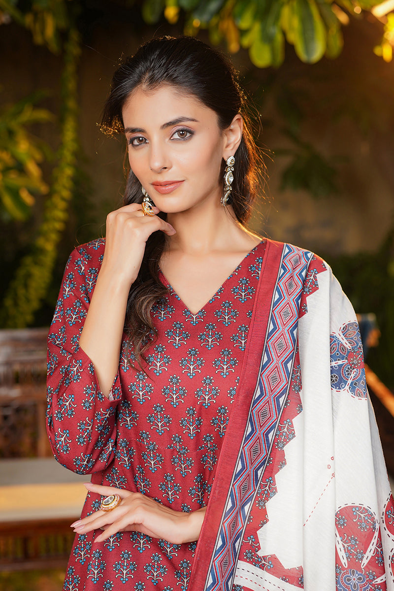 Maroon Rayon Blend Floral Printed A-Line Kurta Palazzos With Dupatta | SHOBITAM