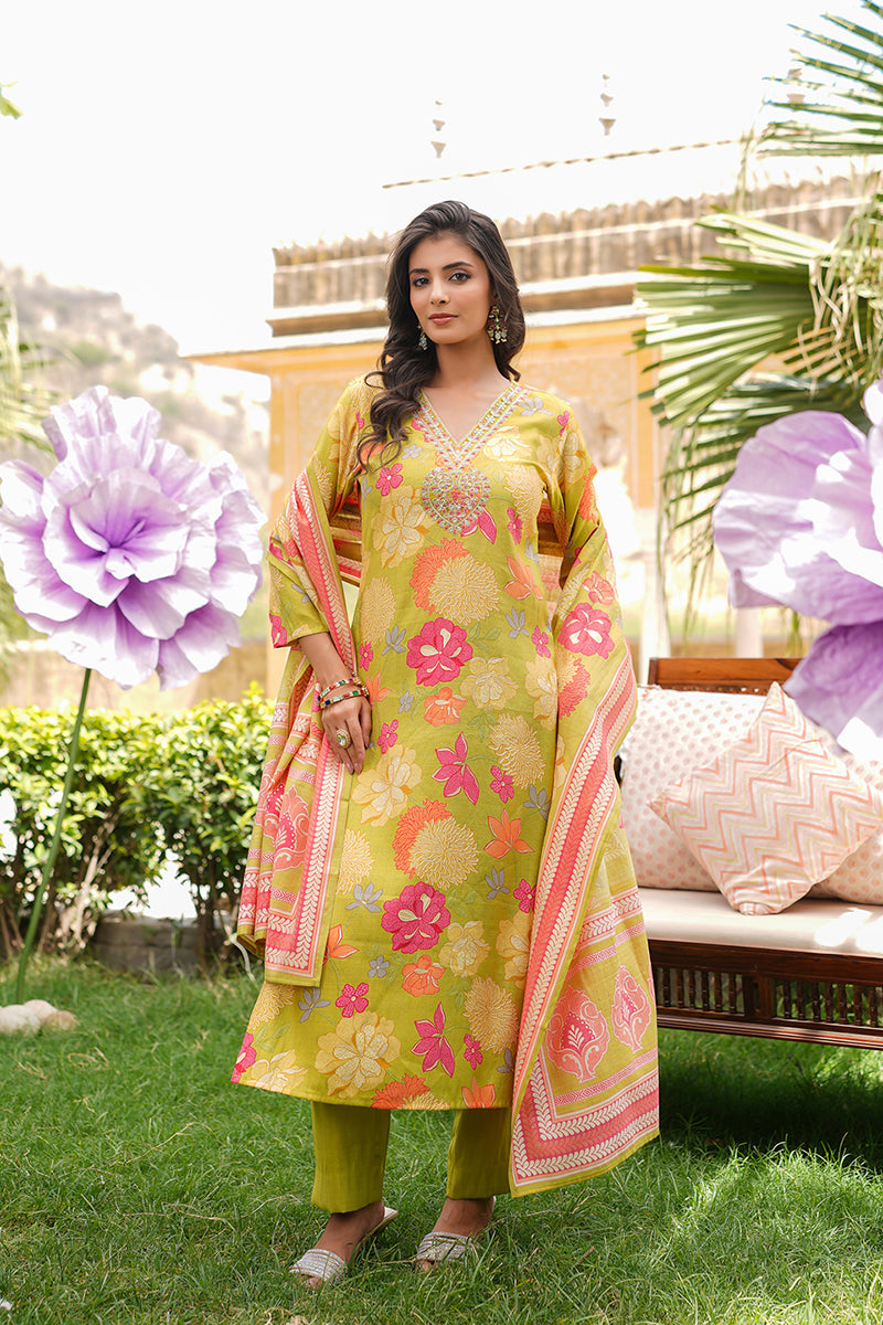 Lime Green Viscose Rayon Floral Embroidered Straight Kurta Trousers With Dupatta | SHOBITAM