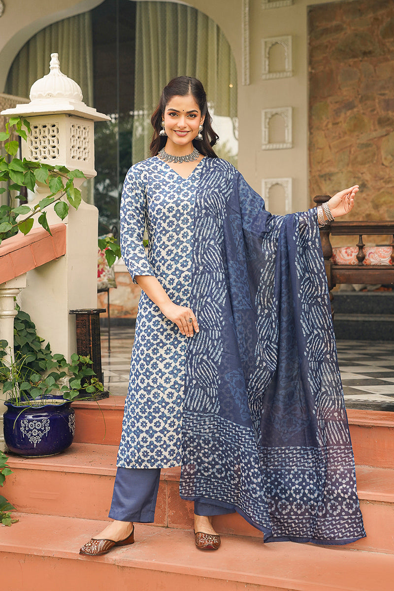 Blue Cotton Blend Printed Straight Kurta Trousers With Dupatta | SHOBITAM