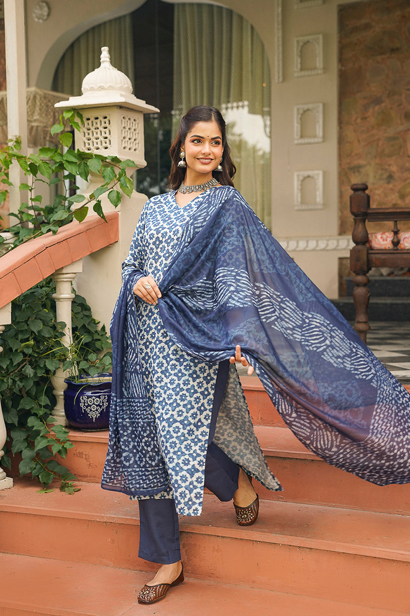 Blue Cotton Blend Printed Straight Kurta Trousers With Dupatta | SHOBITAM