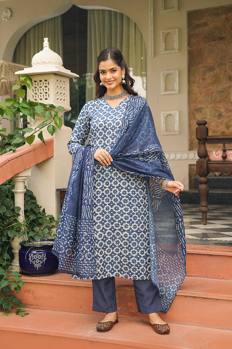 Blue Cotton Blend Printed Straight Kurta Trousers With Dupatta | SHOBITAM