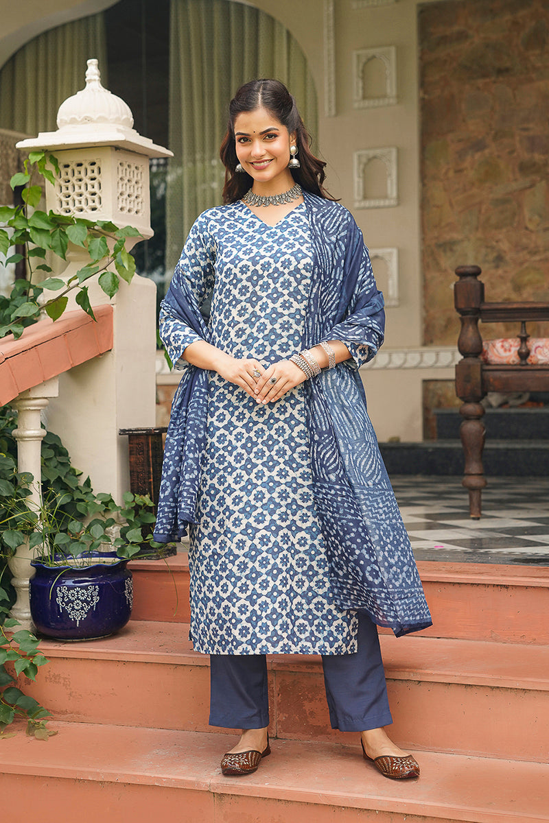 Blue Cotton Blend Printed Straight Kurta Trousers With Dupatta | SHOBITAM