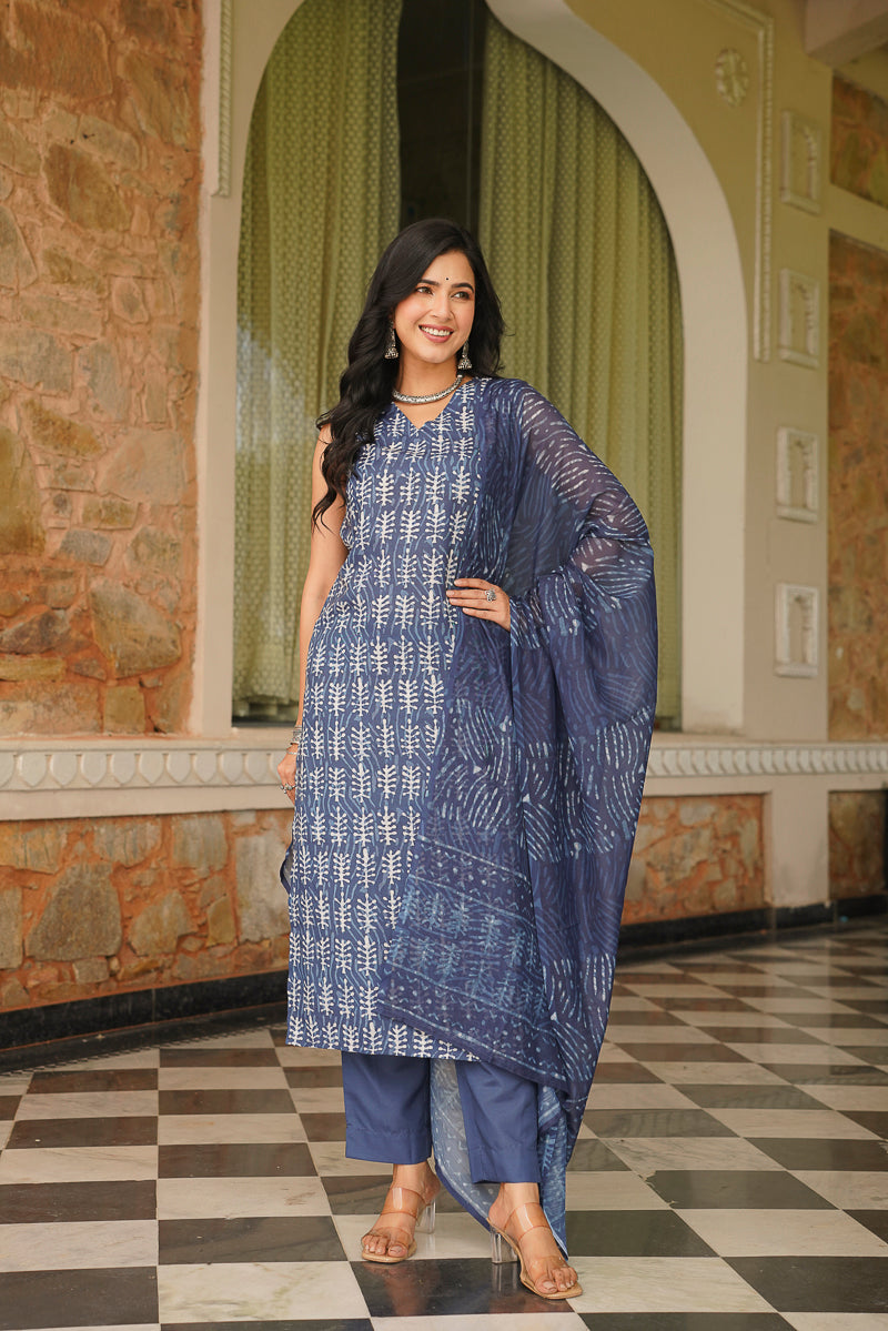Blue Cotton Blend Printed Straight Kurta Trousers With Dupatta | SHOBITAM