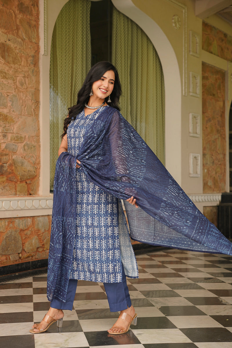 Blue Cotton Blend Printed Straight Kurta Trousers With Dupatta | SHOBITAM