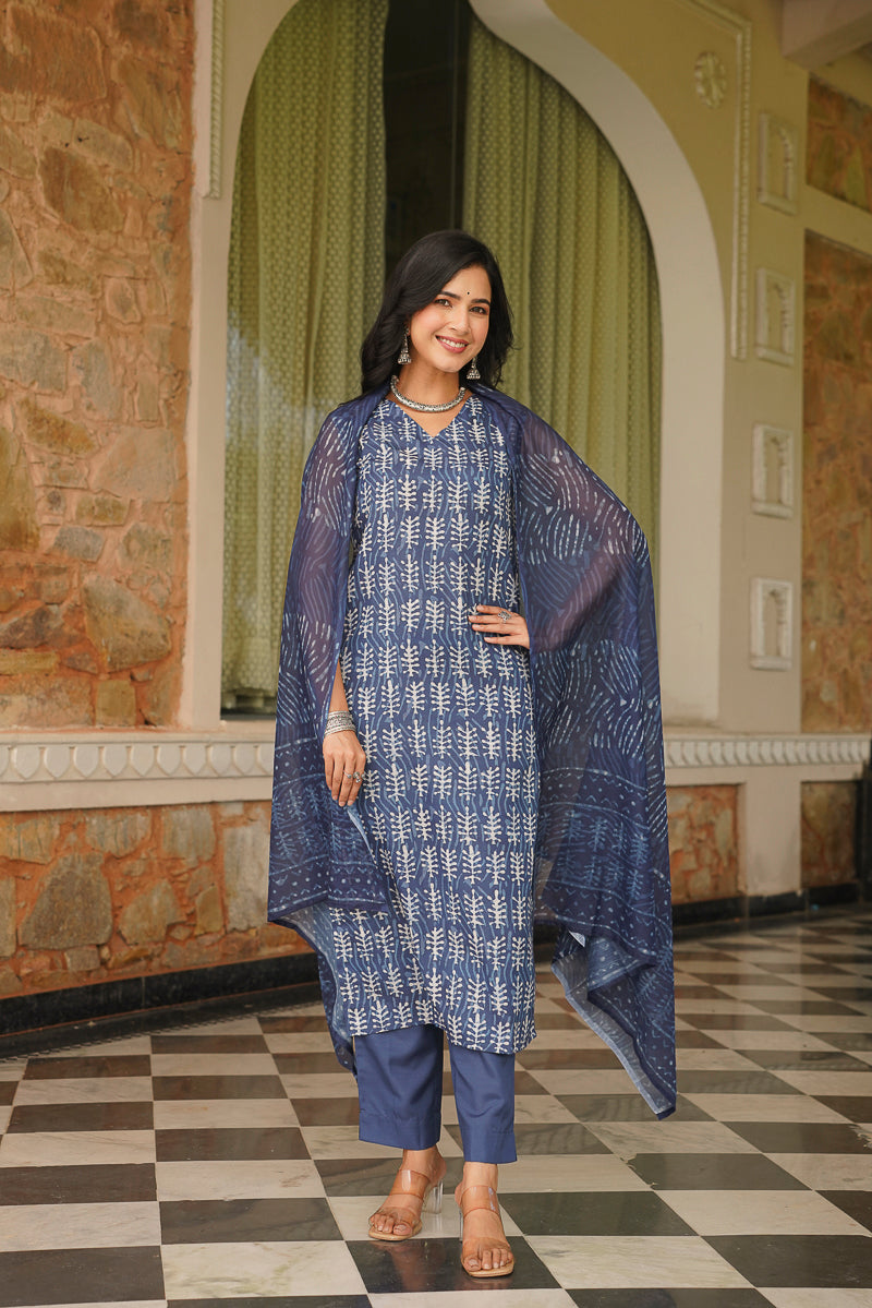 Blue Cotton Blend Printed Straight Kurta Trousers With Dupatta | SHOBITAM