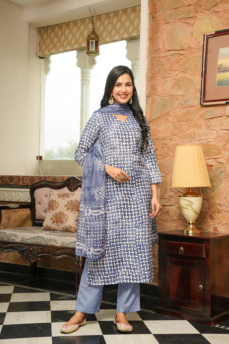 Blue Cotton Blend Batik Printed Straight Kurta Trousers With Dupatta | SHOBITAM