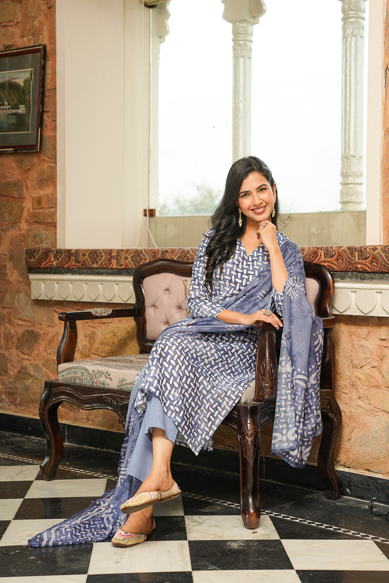 Blue Cotton Blend Batik Printed Straight Kurta Trousers With Dupatta | SHOBITAM
