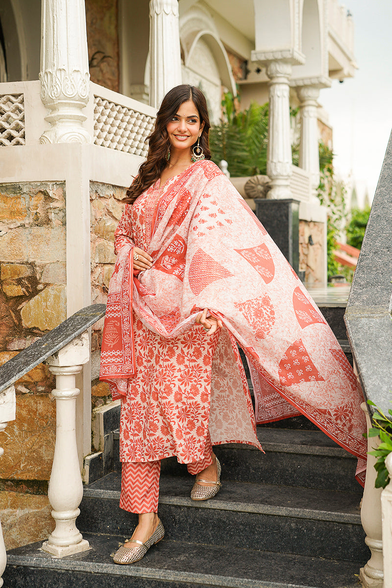 Orange Cotton Blend Floral Printed Straight Kurta Trousers With Dupatta | SHOBITAM