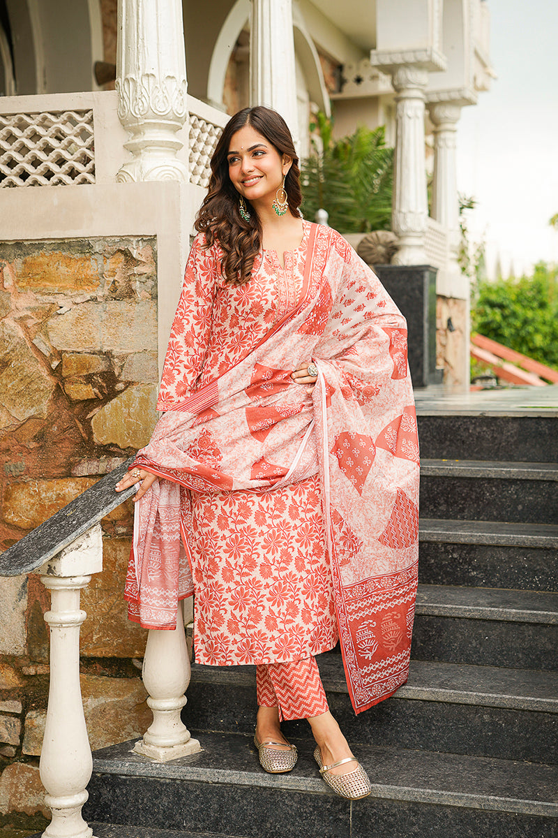 Orange Cotton Blend Floral Printed Straight Kurta Trousers With Dupatta | SHOBITAM