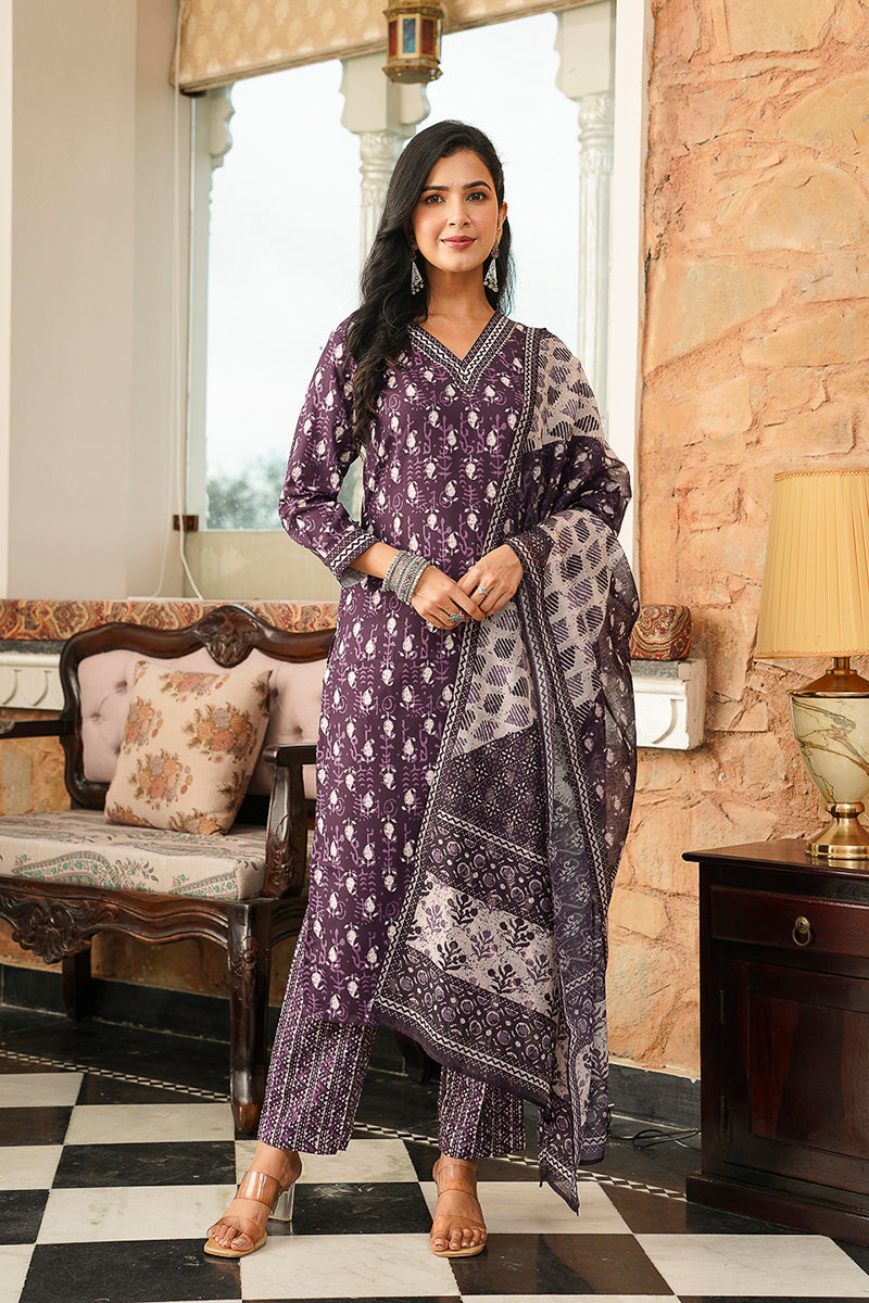 Purple Cotton Blend Ethnic Motifs Printed Straight Kurta Trousers With Dupatta | SHOBITAM