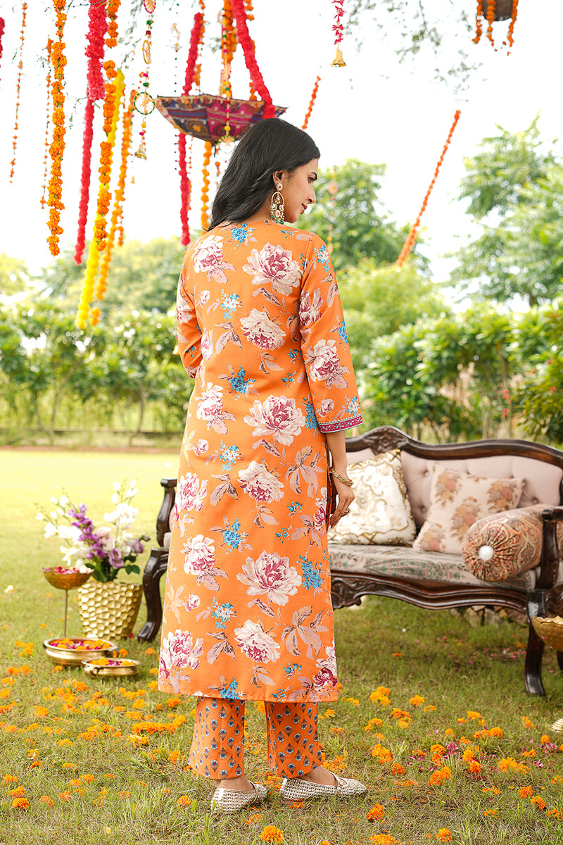 Orange Cotton Blend Floral Printed Straight Kurta Trousers With Dupatta | SHOBITAM