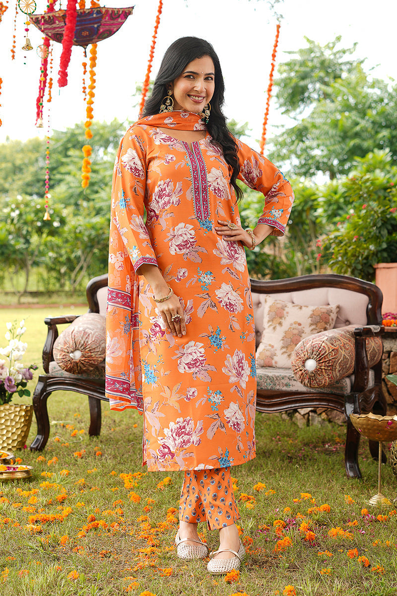 Orange Cotton Blend Floral Printed Straight Kurta Trousers With Dupatta | SHOBITAM