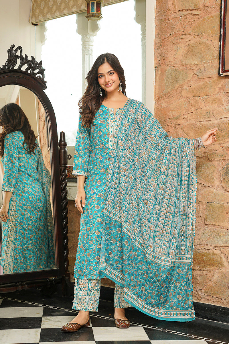 Turquoise Blue Coton Blend Printed Straight Kurta Trousers with Dupatta | SHOBITAM