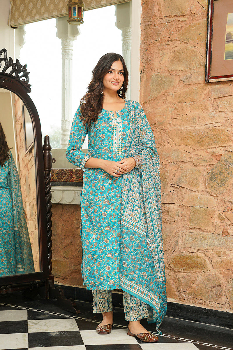 Turquoise Blue Coton Blend Printed Straight Kurta Trousers with Dupatta | SHOBITAM