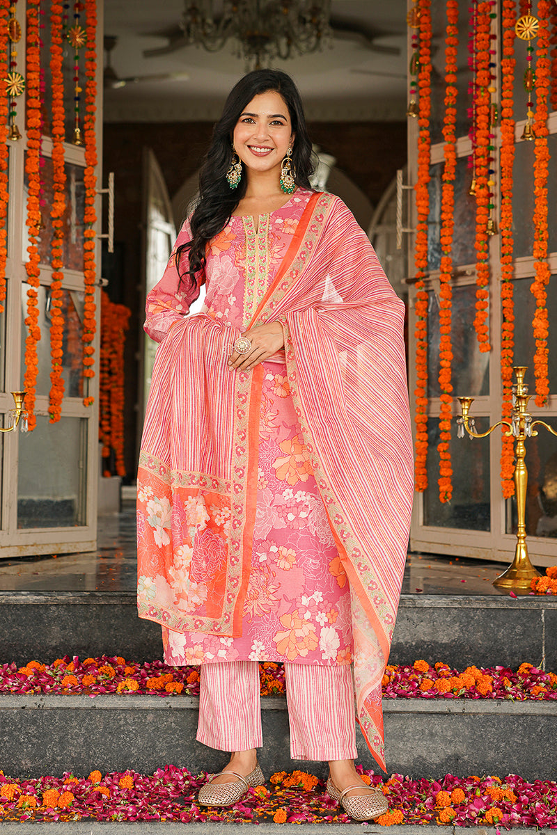 Pink Cotton Blend Floral Printed Straight Kurta Trousers With Dupatta | SHOBITAM
