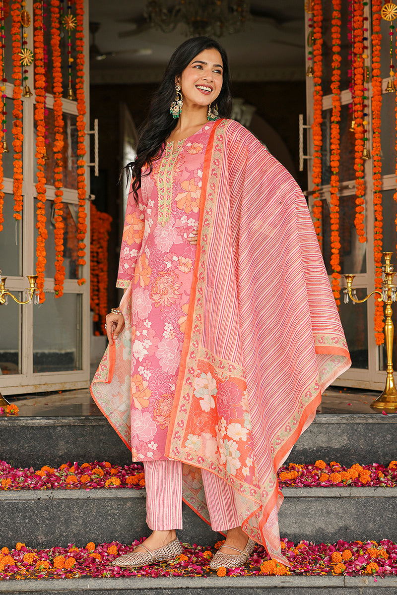Pink Cotton Blend Floral Printed Straight Kurta Trousers With Dupatta | SHOBITAM