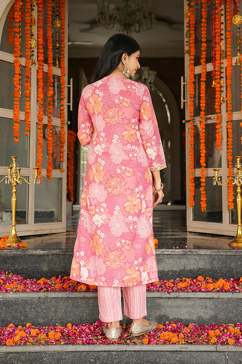 Pink Cotton Blend Floral Printed Straight Kurta Trousers With Dupatta | SHOBITAM