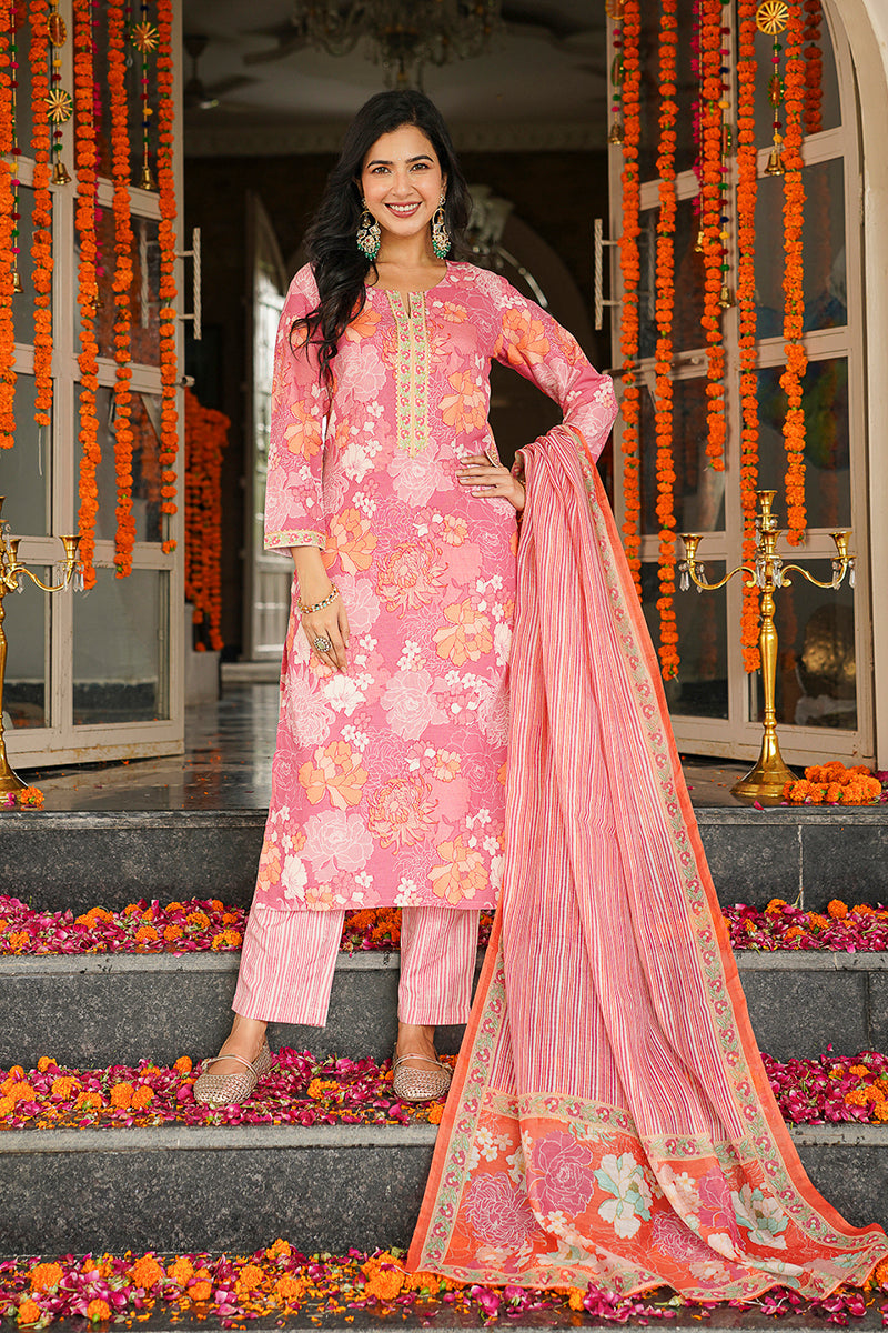 Pink Cotton Blend Floral Printed Straight Kurta Trousers With Dupatta | SHOBITAM