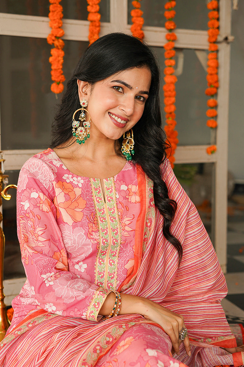 Pink Cotton Blend Floral Printed Straight Kurta Trousers With Dupatta | SHOBITAM