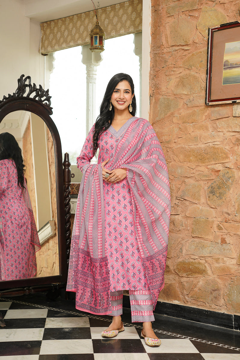 Pink Cotton Blend Ethnic Motifs Printed Straight Kurta Trousers With Dupatta | SHOBITAM
