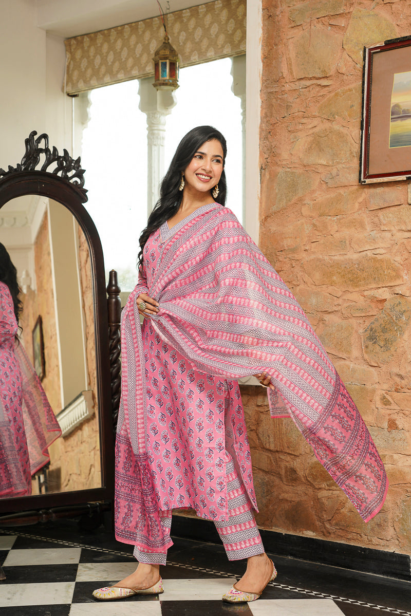 Pink Cotton Blend Ethnic Motifs Printed Straight Kurta Trousers With Dupatta | SHOBITAM
