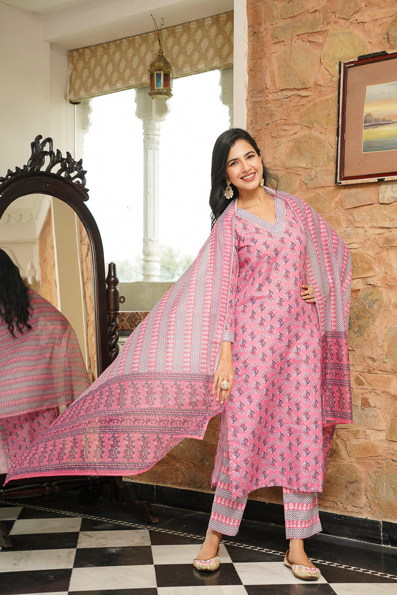 Pink Cotton Blend Ethnic Motifs Printed Straight Kurta Trousers With Dupatta | SHOBITAM