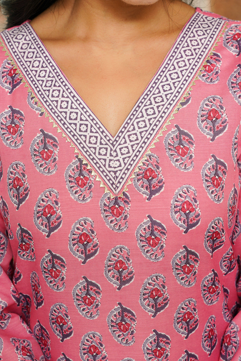 Pink Cotton Blend Ethnic Motifs Printed Straight Kurta Trousers With Dupatta | SHOBITAM