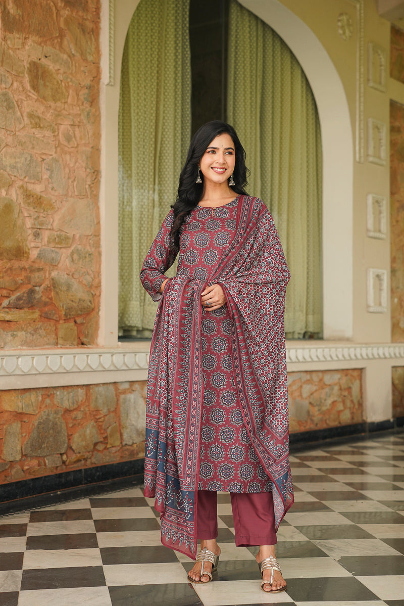 Maroon Cotton Blend Ajrakh Printed Straight Kurta Trousers With Dupatta | SHOBITAM