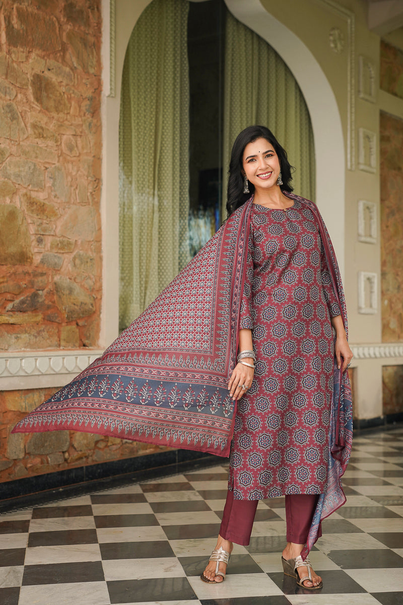 Maroon Cotton Blend Ajrakh Printed Straight Kurta Trousers With Dupatta | SHOBITAM