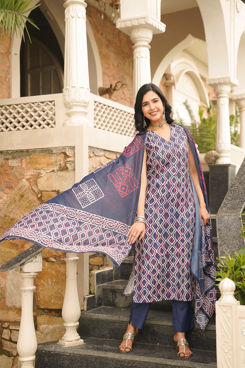 Blue Rayon Geometric Printed Straight Kurta Trousers With Dupatta | SHOBITAM