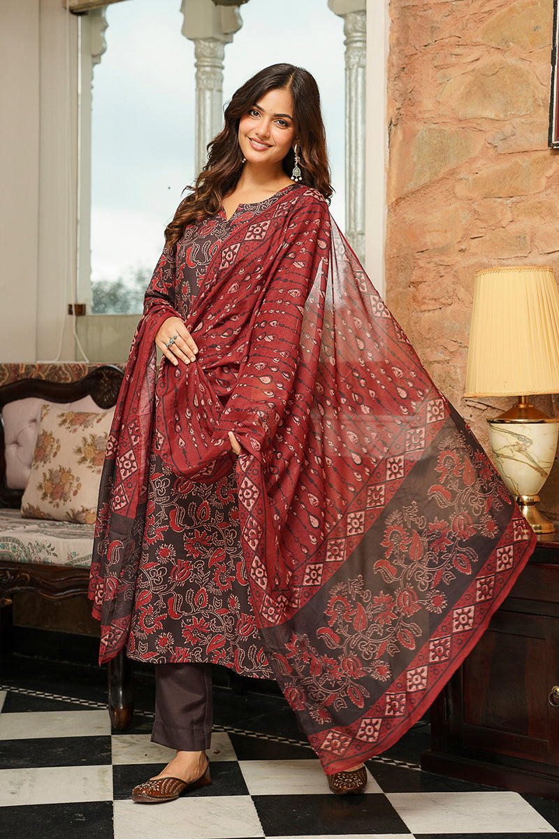 Brown Cotton Blend Floral Printed Straight Kurta Trousers With Dupatta  | SHOBITAM