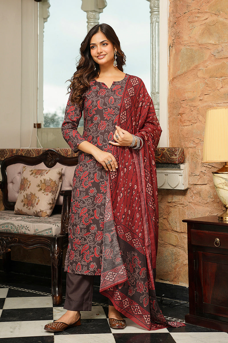 Brown Cotton Blend Floral Printed Straight Kurta Trousers With Dupatta  | SHOBITAM