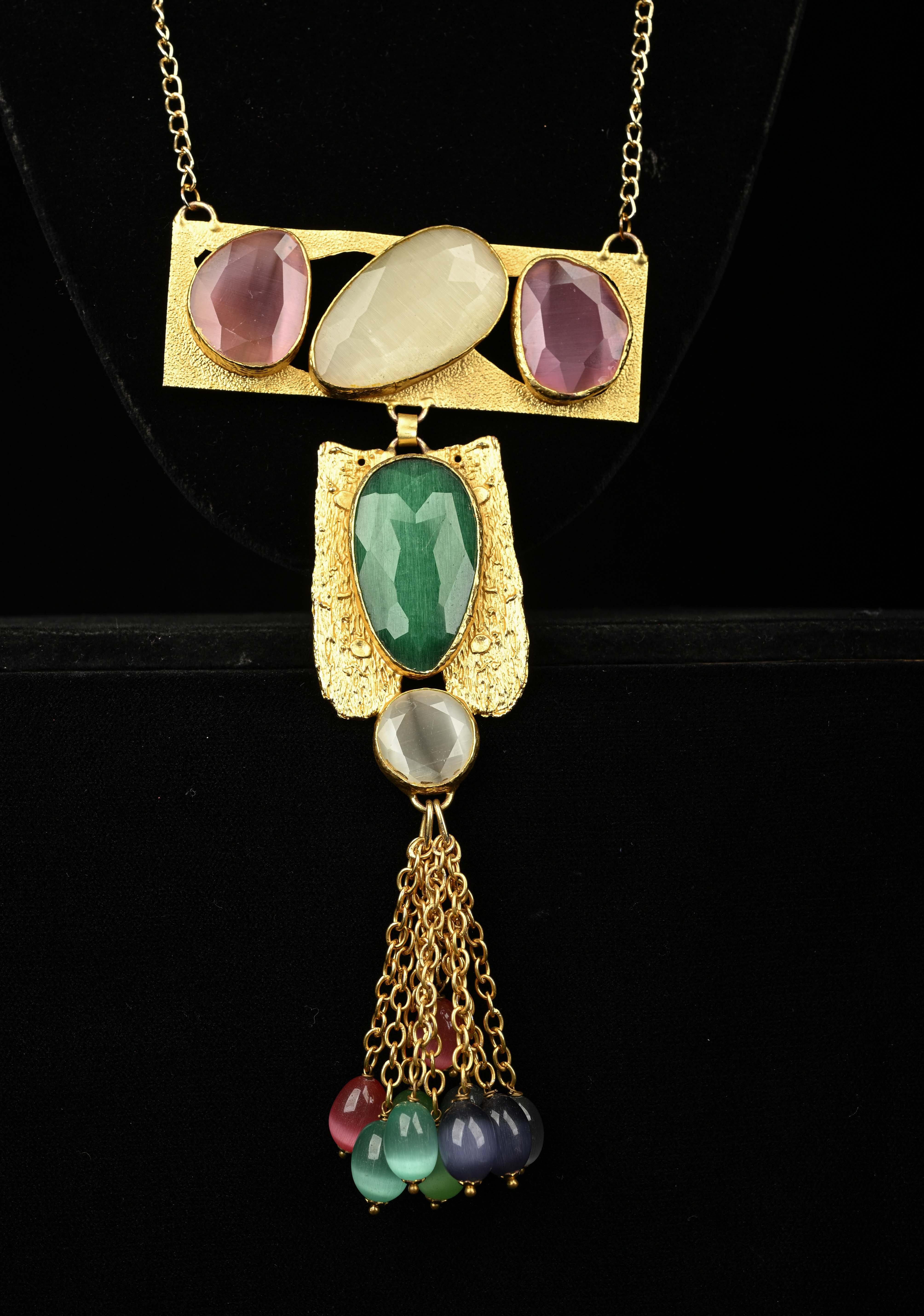 Fringe Chain Necklace with Deco Pendant and Watermelon Tourmaline Tassels | Shobitam