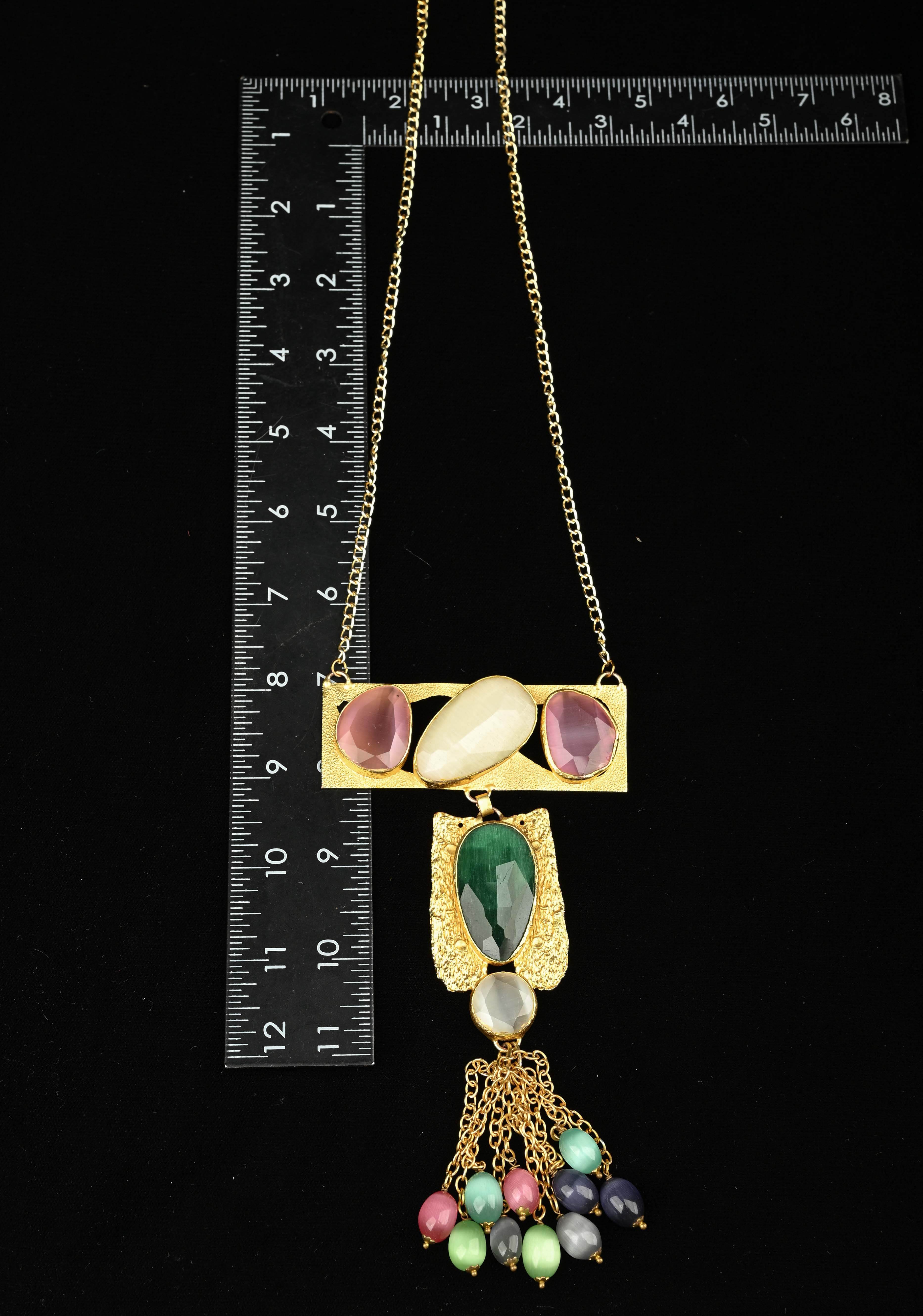 Fringe Chain Necklace with Deco Pendant and Watermelon Tourmaline Tassels | Shobitam