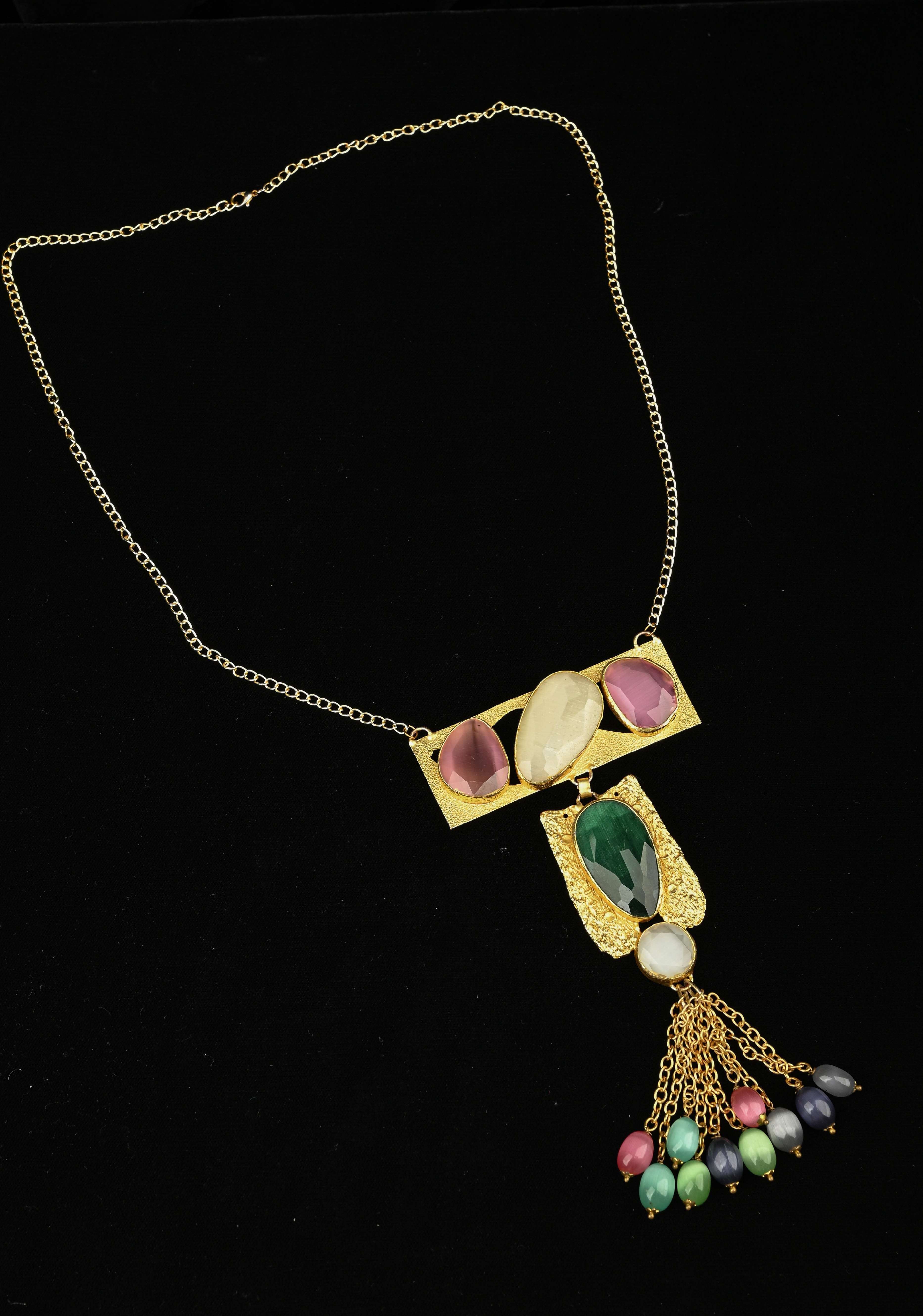 Fringe Chain Necklace with Deco Pendant and Watermelon Tourmaline Tassels | Shobitam
