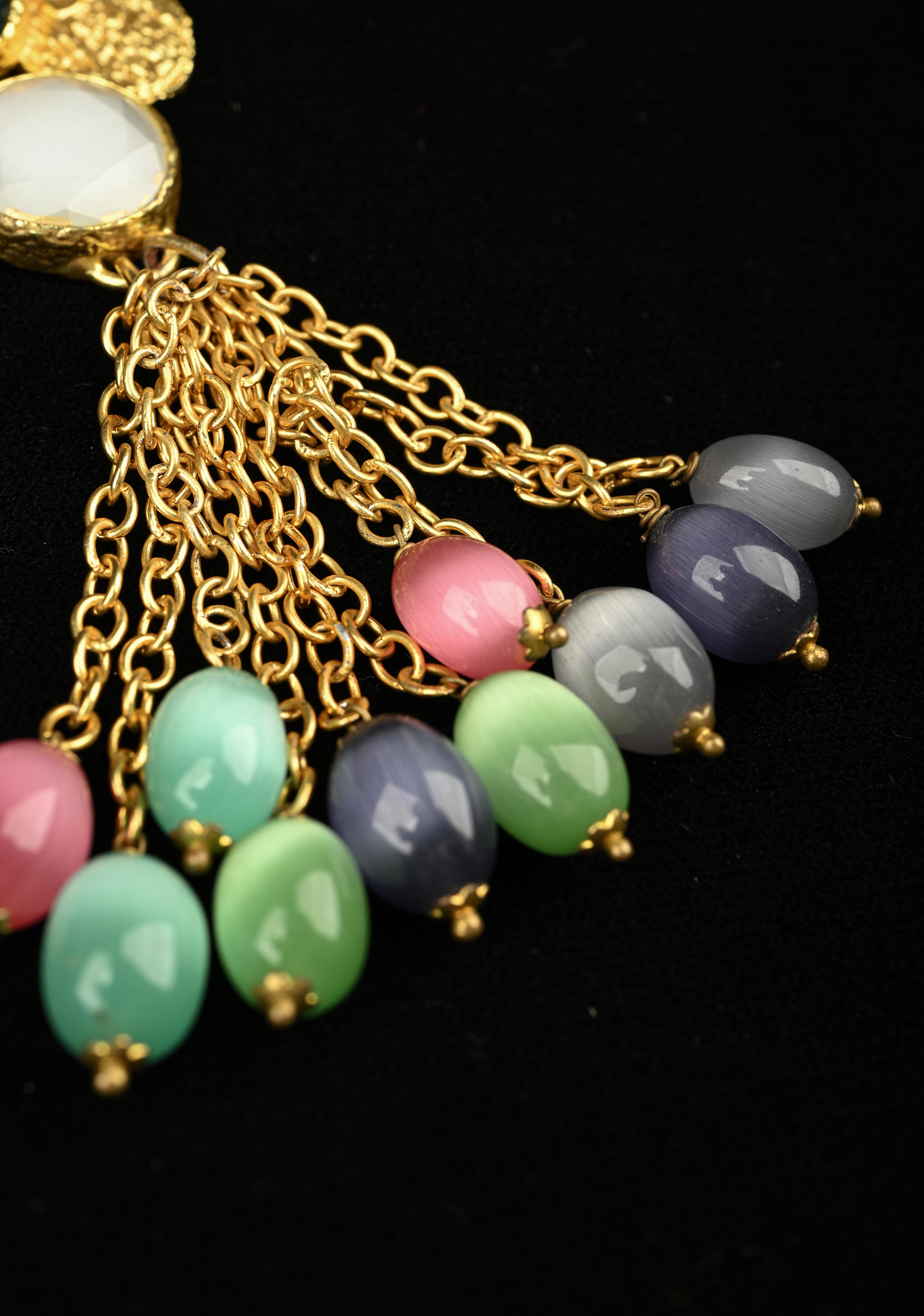Fringe Chain Necklace with Deco Pendant and Watermelon Tourmaline Tassels | Shobitam