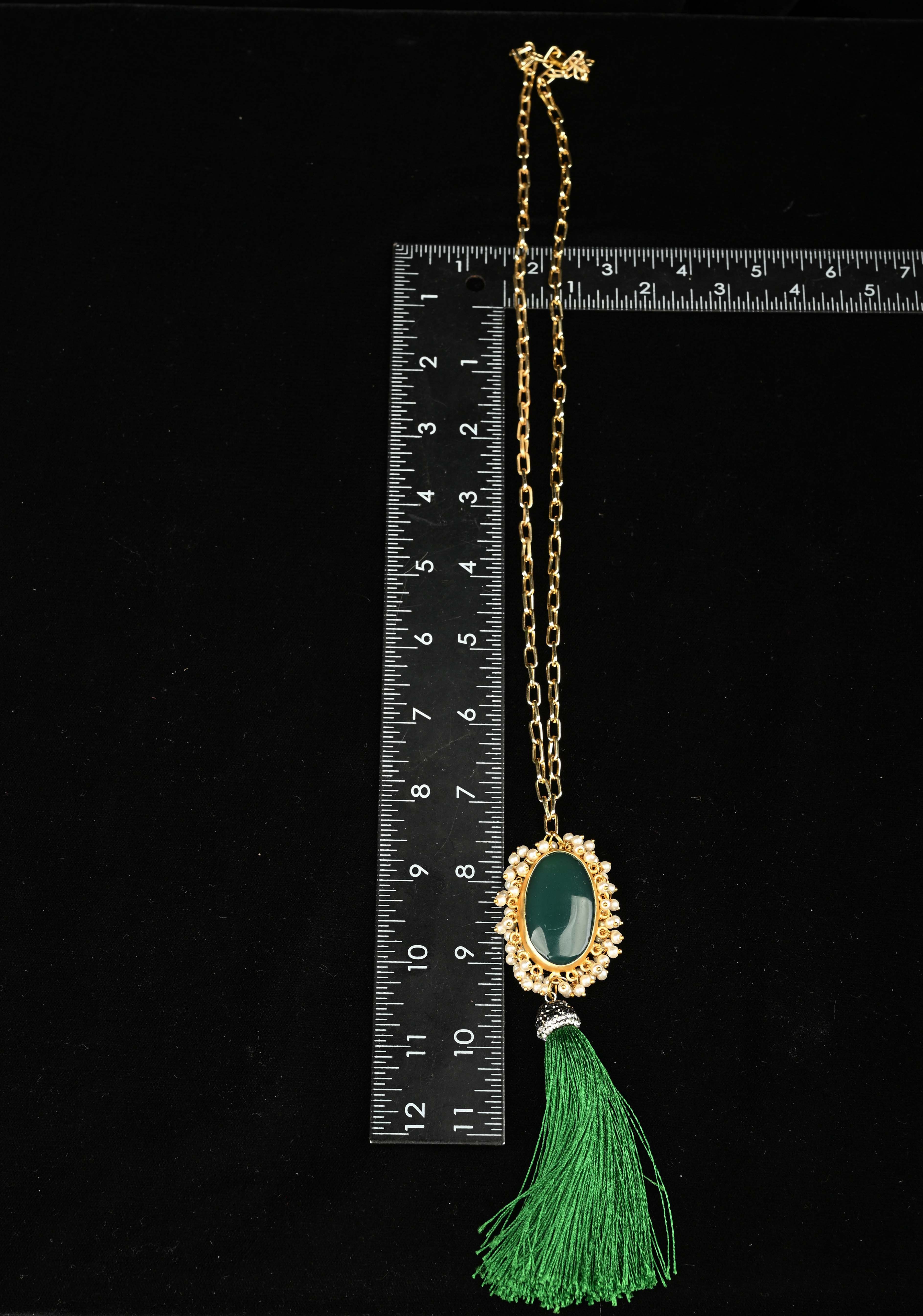 Long Gold Chain Tassel Necklace Green Onyx with pearls Pendant | Shobitam