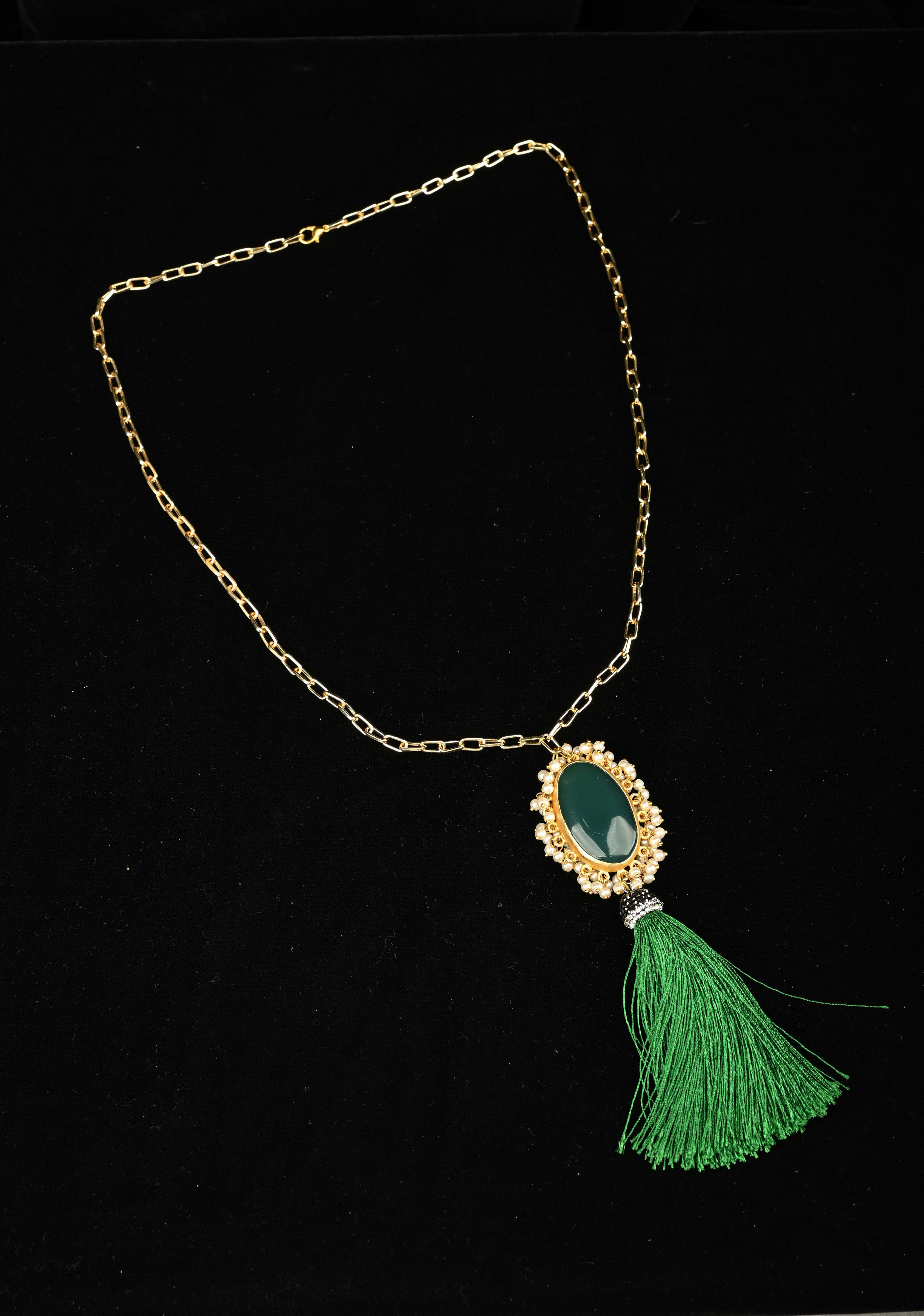 Long Gold Chain Tassel Necklace Green Onyx with pearls Pendant | Shobitam