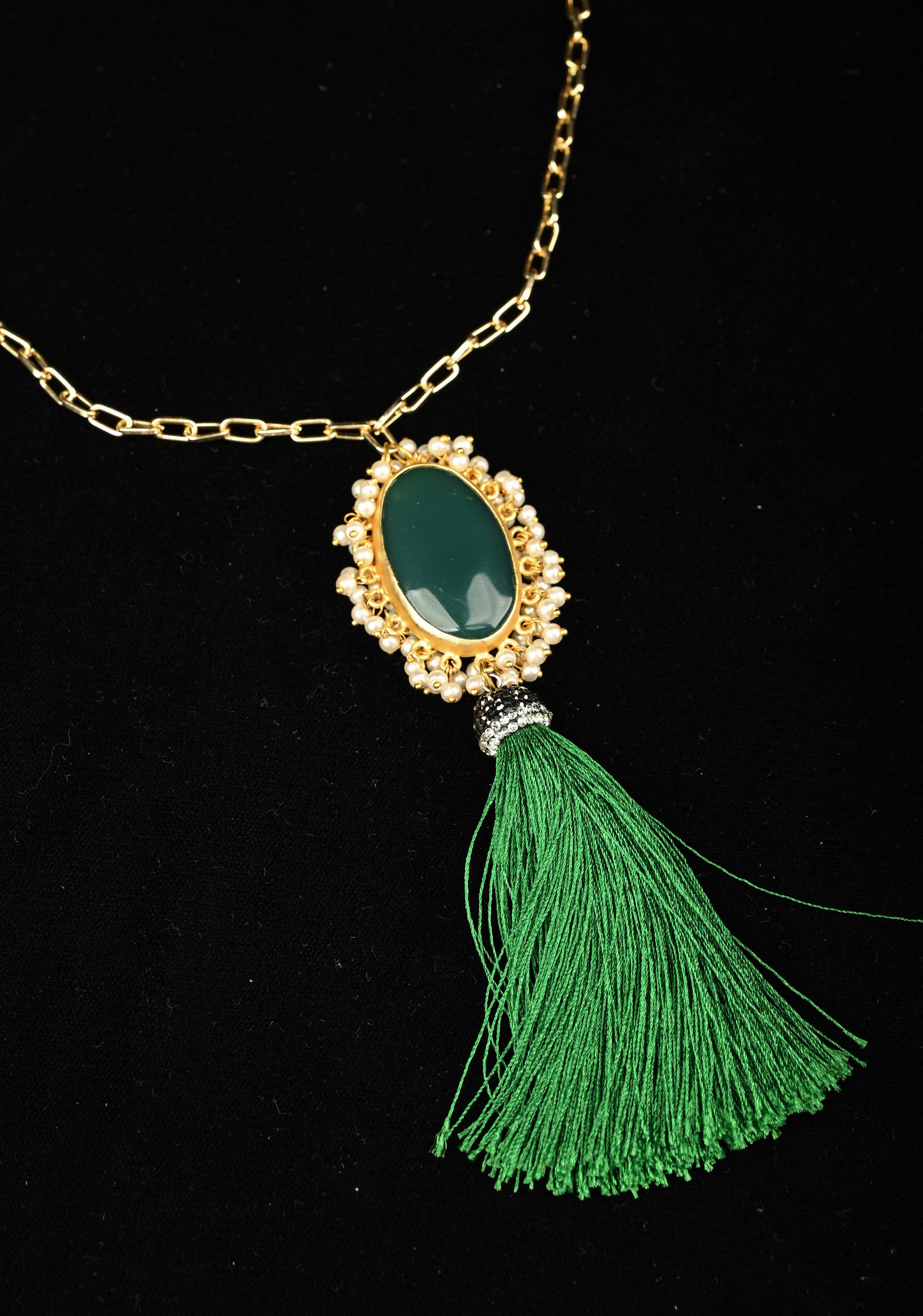Long Gold Chain Tassel Necklace Green Onyx with pearls Pendant | Shobitam