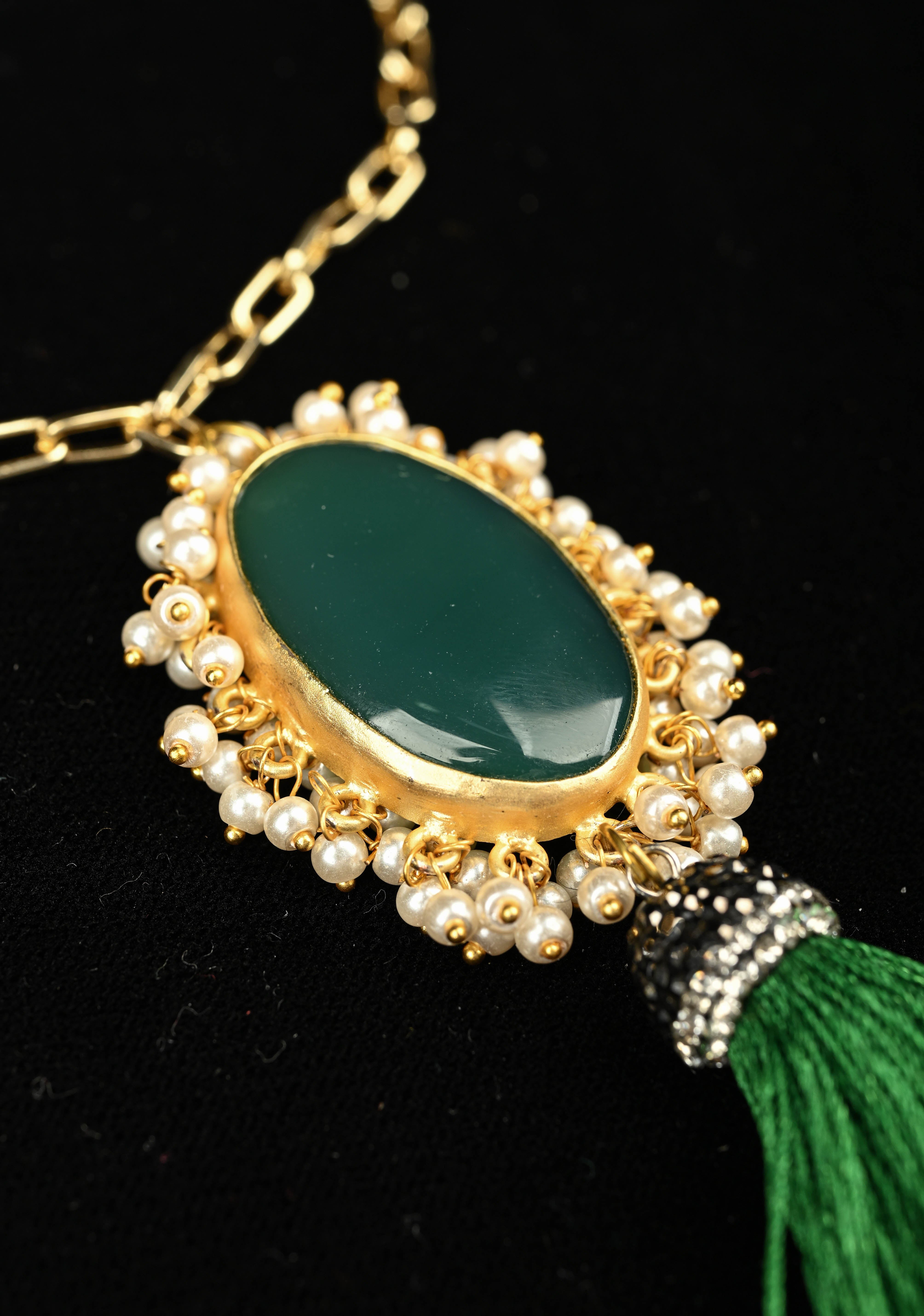 Long Gold Chain Tassel Necklace Green Onyx with pearls Pendant | Shobitam