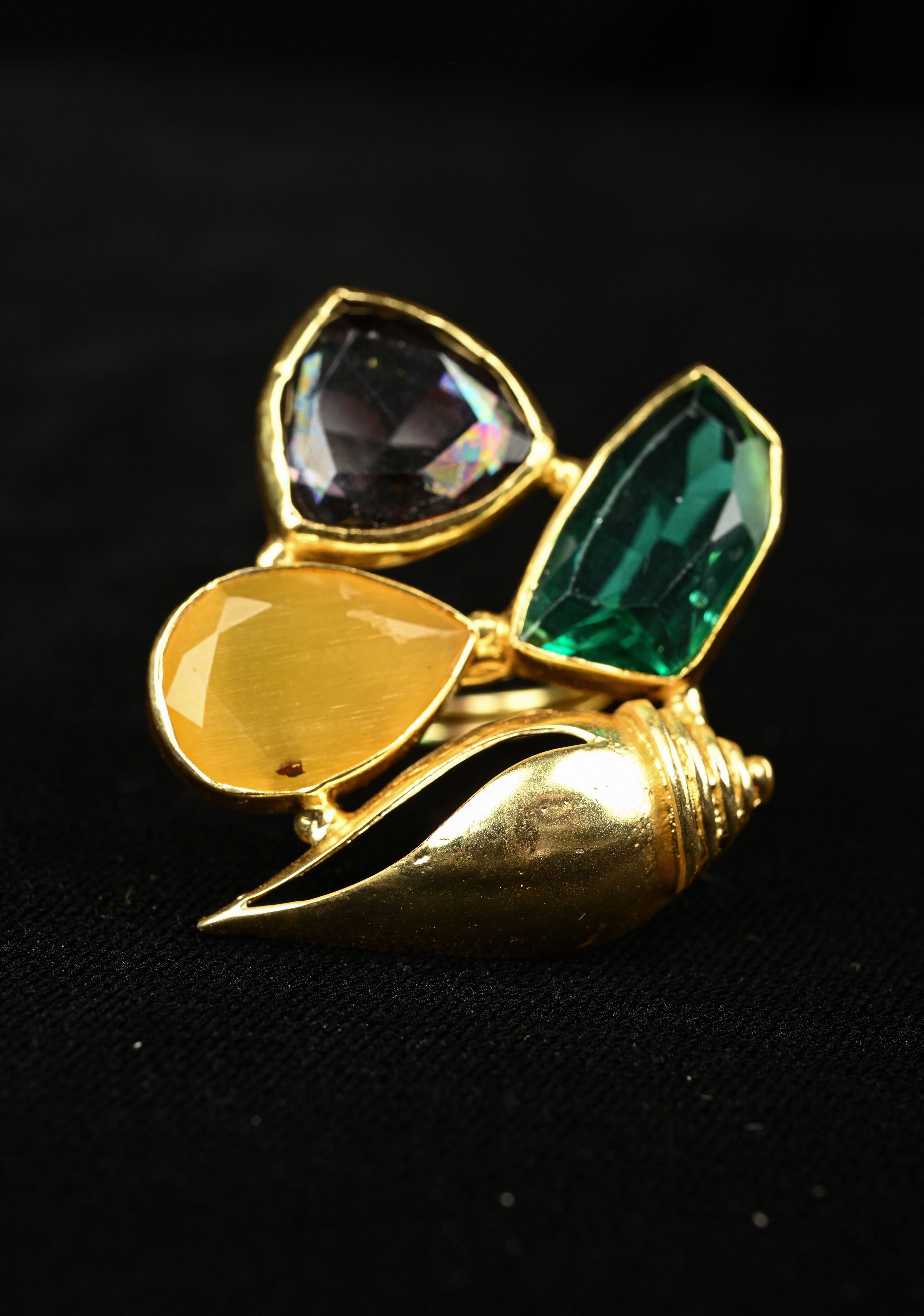Ocean Theme Gold Tone Shell Motif Ring with Multicolor Glass stones | Shobitam