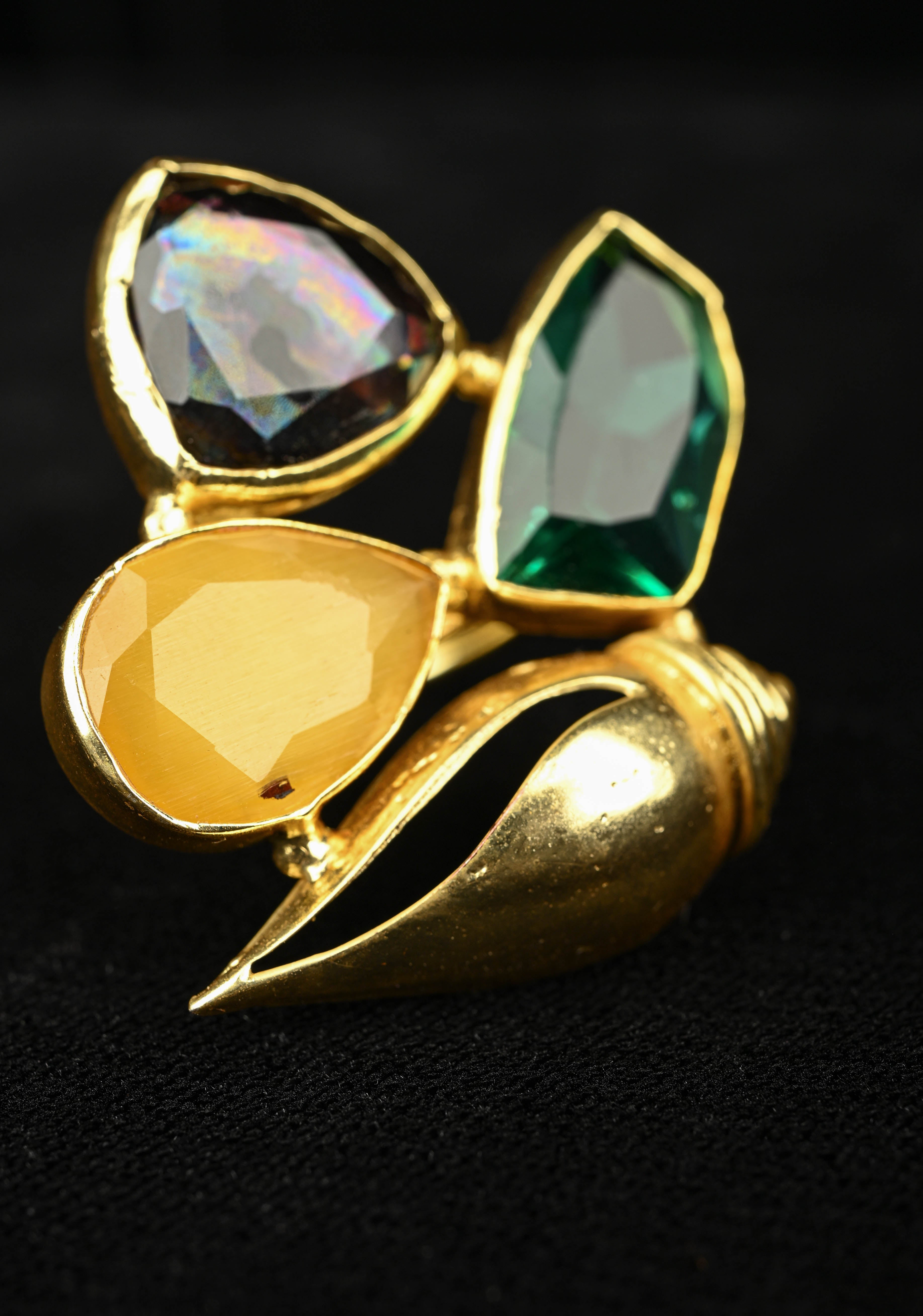 Ocean Theme Gold Tone Shell Motif Ring with Multicolor Glass stones | Shobitam