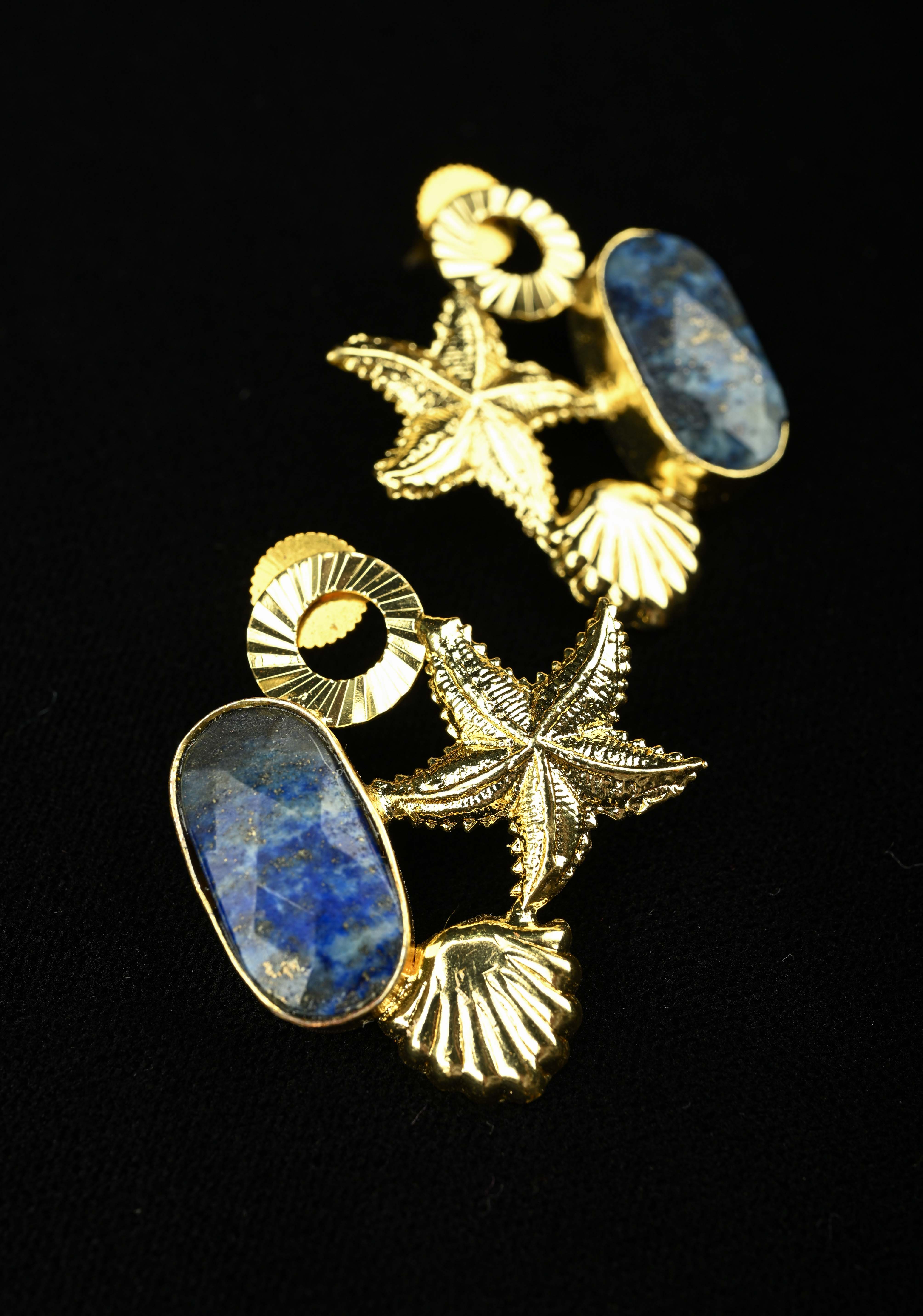 Lapis and Green Zade Earring With Gold-Toned Starfish | Shobitam