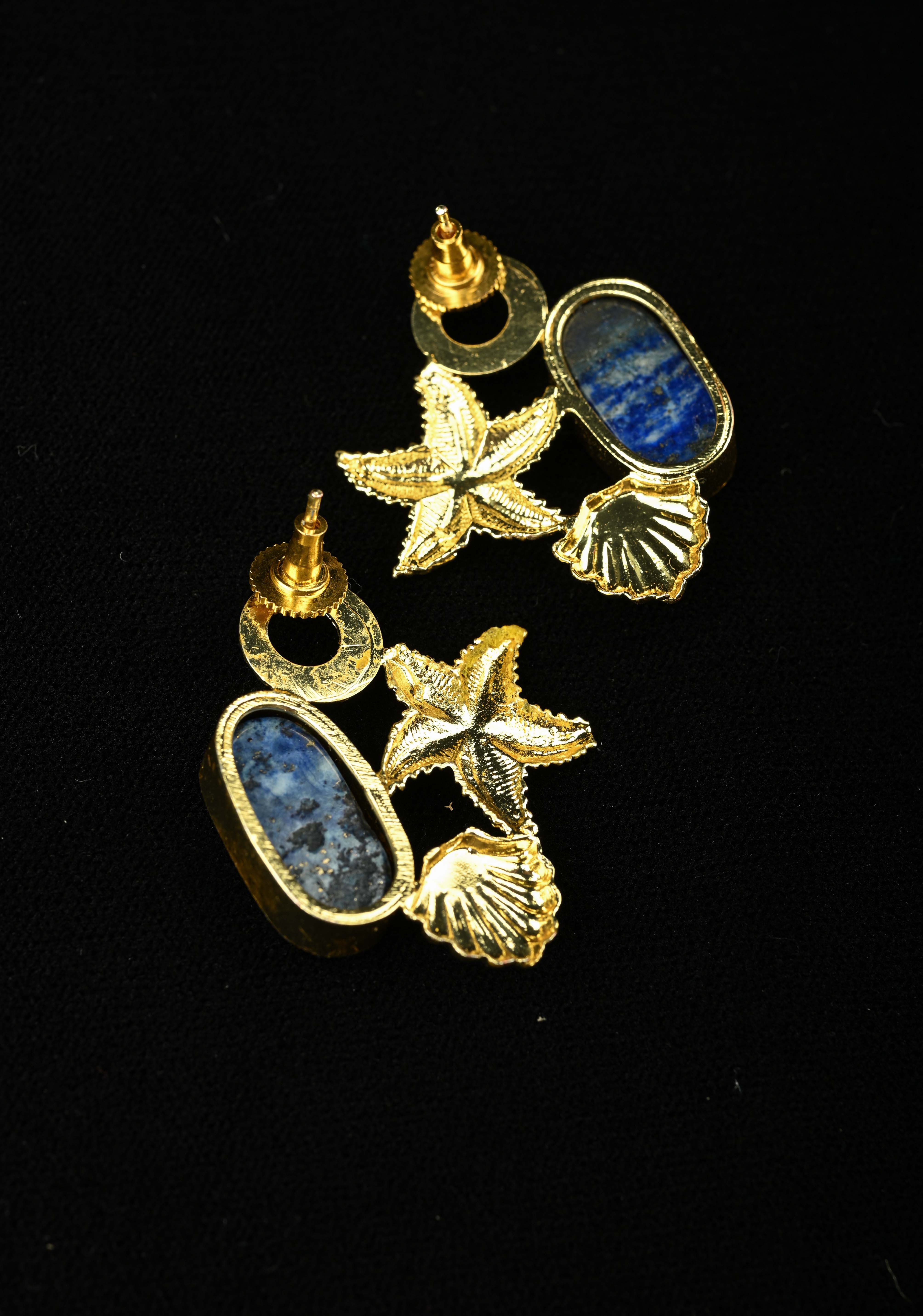 Lapis and Green Zade Earring With Gold-Toned Starfish | Shobitam