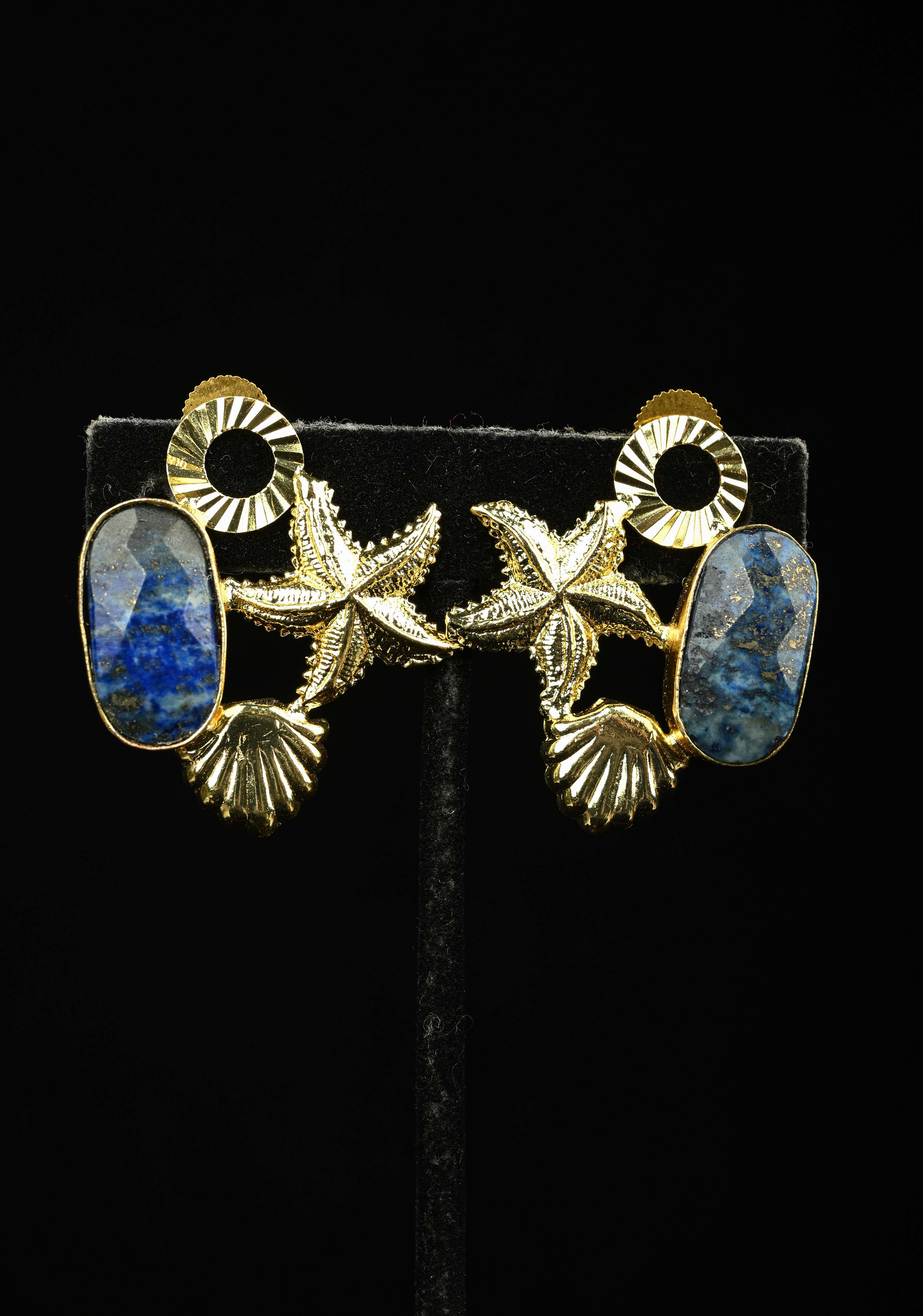 Lapis and Green Zade Earring With Gold-Toned Starfish | Shobitam