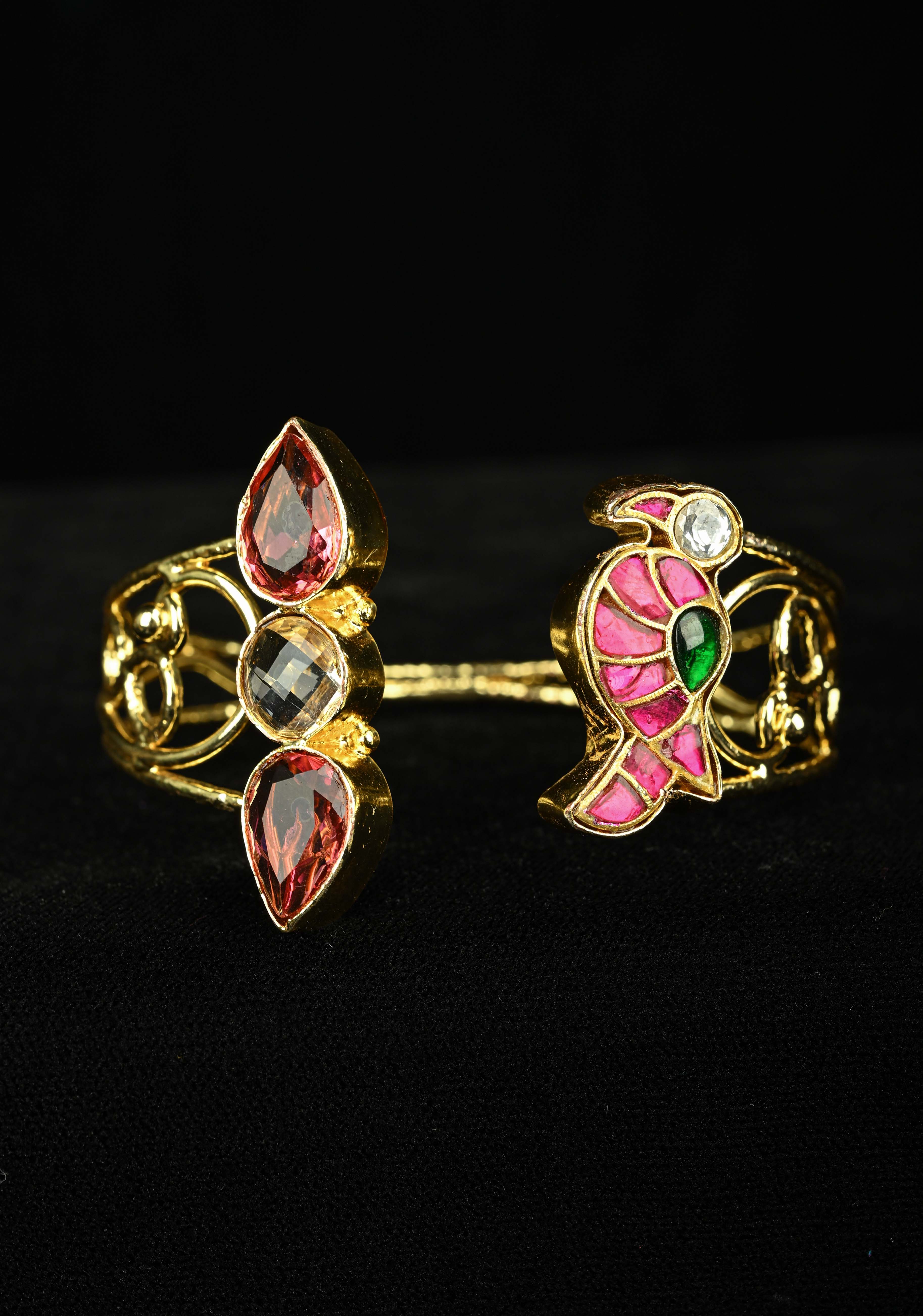 Adjustable Handcuff Bracelet With Pachi Kundan parrot , and glass stones | Shobitam
