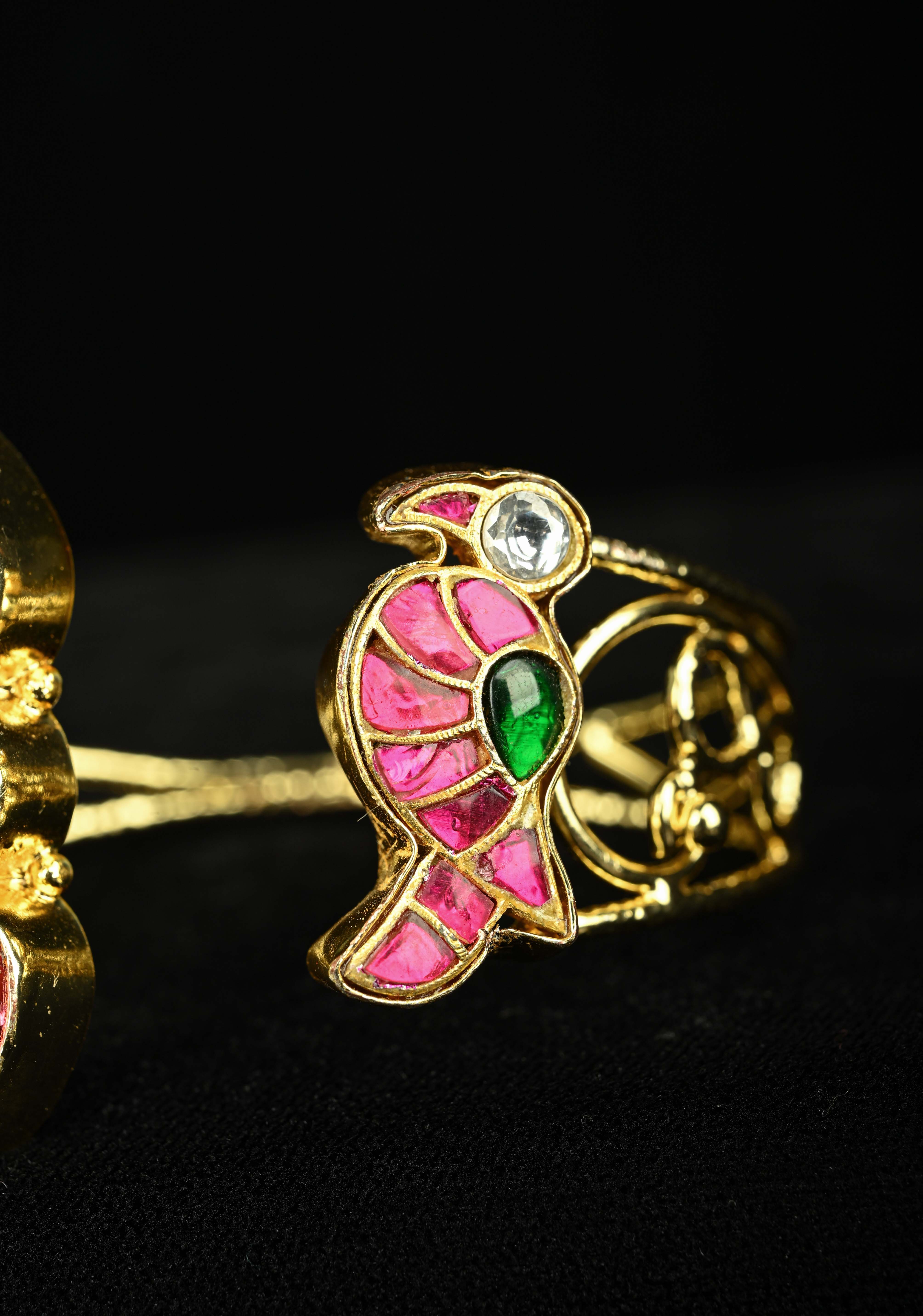 Adjustable Handcuff Bracelet With Pachi Kundan parrot , and glass stones | Shobitam