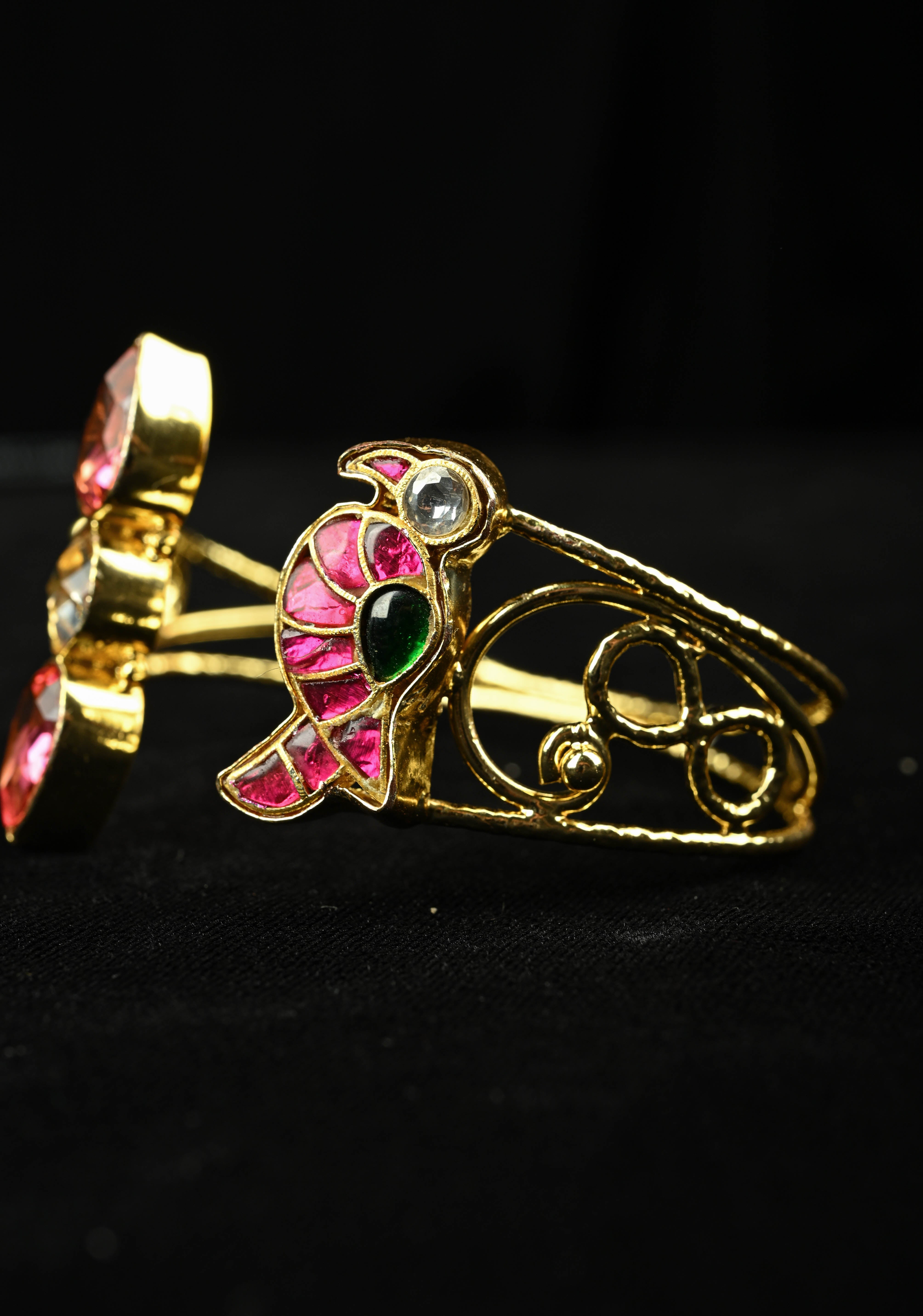 Adjustable Handcuff Bracelet With Pachi Kundan parrot , and glass stones | Shobitam