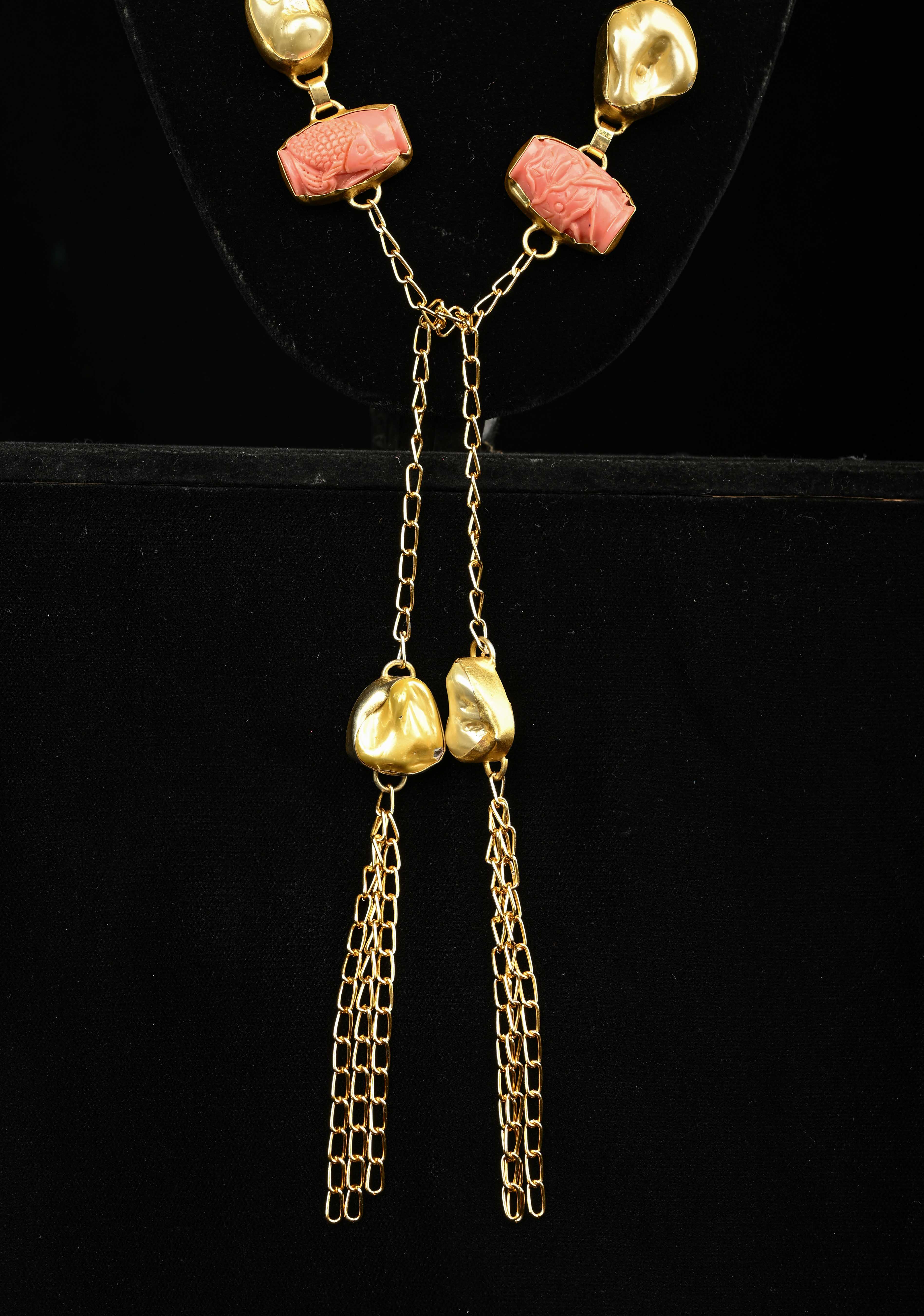 Yellow Pearl Tie Necklace with  Carved Embellishments | Shobitam