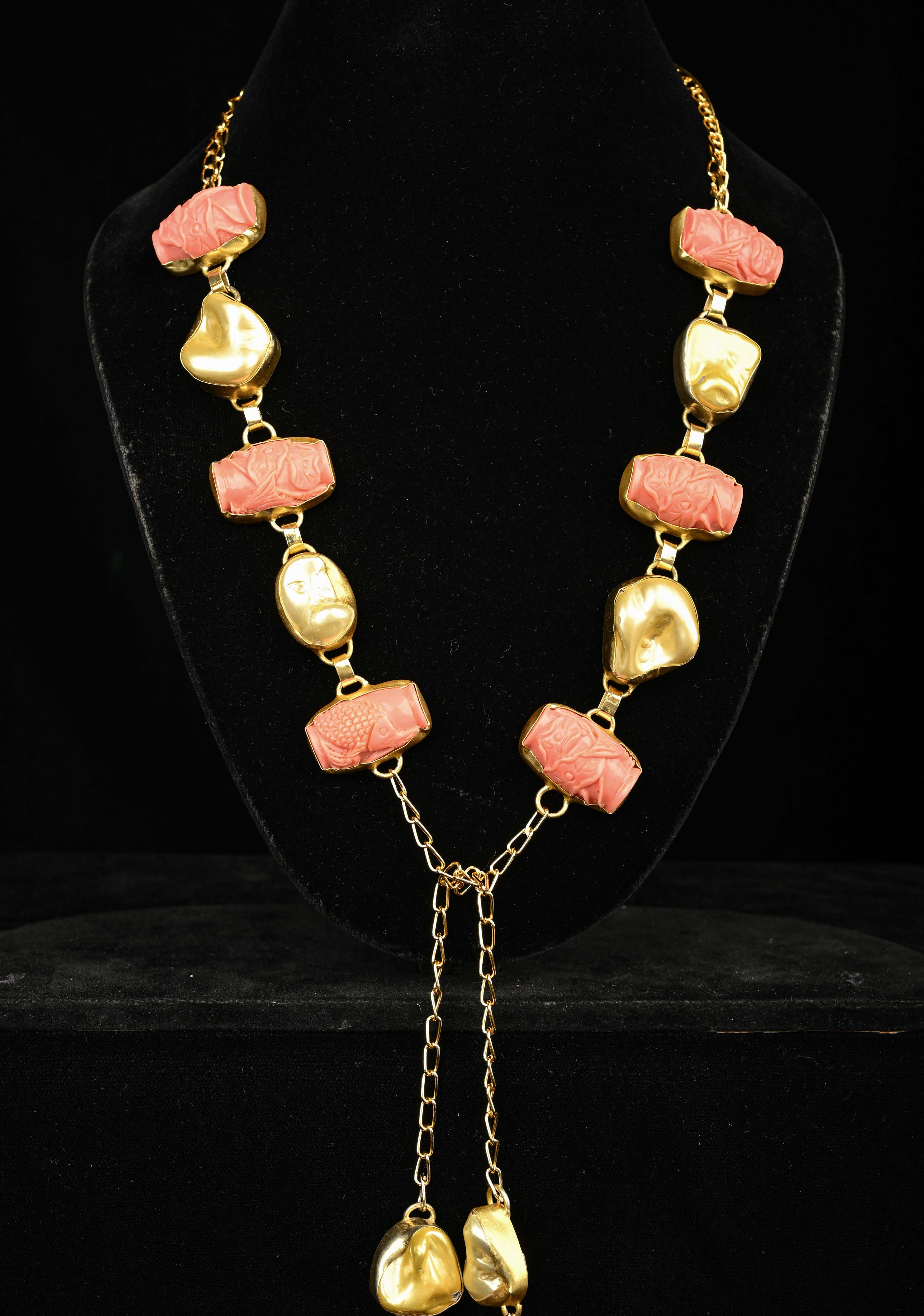 Yellow Pearl Tie Necklace with  Carved Embellishments | Shobitam